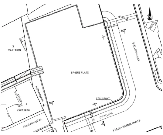 Figur 4. Kartan illusterar placeringen av kvarteret Bagers Plats samt de närliggande befintliga husen och kajen  (Projekt: Bagers plats)