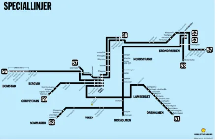 Figure 4.8 - Bus line map of the Karlstadsbuss special bus lines 