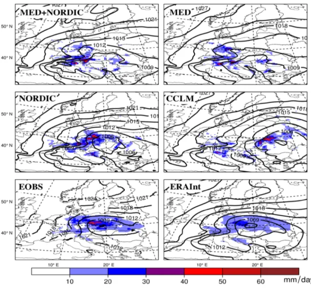 Fig. 7    Total precipitation (mm/day; colored contours) and mean sea level pressure (line contours) from all the simulations, ERA-Interim and  E-OBS data for 18–20 July 1997