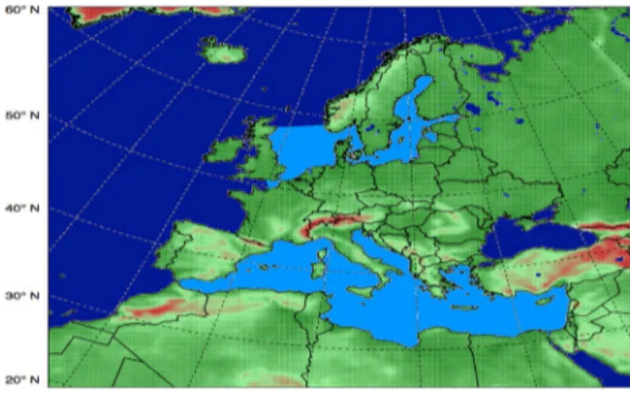Fig. 1    Atmospheric model domain, sky blue color indicates the cou- cou-pling regions for the Mediterranean Sea and North and Baltic Seas
