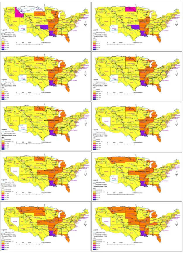 Figure  5:The  figure  shows  the  ratio of floodplain  population to  the  state population for  the  whole USA (1870 - 1960) top left to right direction consecutively