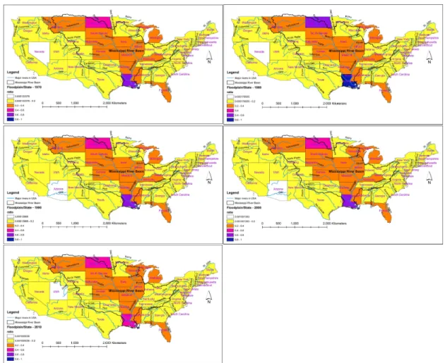 Figure 6: The figure shows ratio of floodplain population to the state population for the whole  USA (1970 - 2010) starting from 1790 on the top left to right direction consecutively