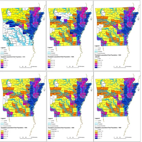 Figure  9:  The  figure  shows  the  ratio  of  floodplain  population  to  the  county  population  for  Arkansas state (1810 – 1860) starting from 1790 on the top left to the right direction