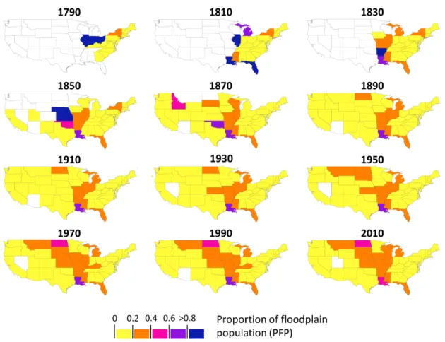 Figure 3. Spatial distribution of the ratio between floodplain population and total population for the US States for the  period 1790–2010