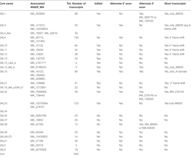 TABLE 3 | Summary of transcripts aligned to MADS-core regions.