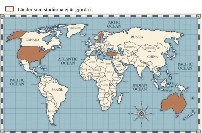 Figur 1. En översikt över vilka länder studierna är gjorda i. 