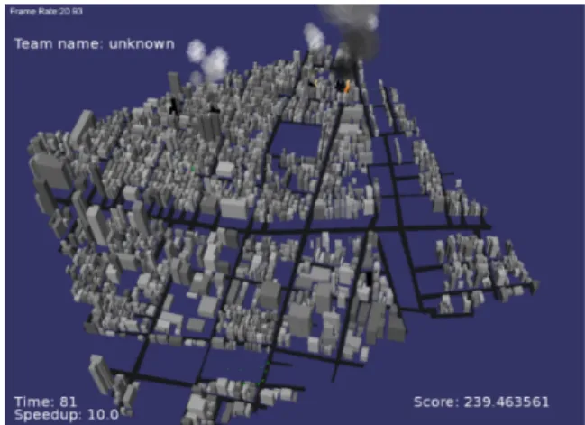 Figure 3: A typical scenario involving the simulation of fires and building collapse on a model of the city of Kobe in Japan.