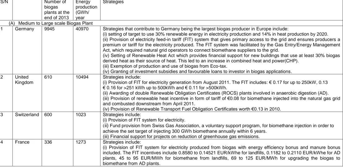 Table 5. Comparison of Biogas Production Strategies in Different Countries 