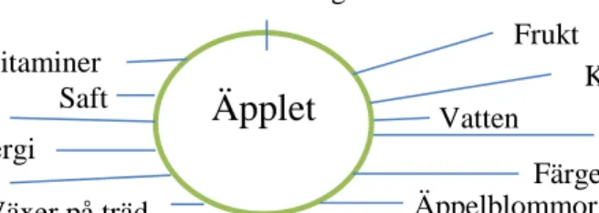 Figur 10. En avbild av tankekartan från White-board tavlan om elevernas  tankar om äpplet, LS 2, cykel 1, lektion 1