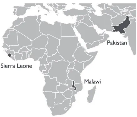 Figure  1:  Sierra  Leone  in  West  Africa,  Malawi  is  located  in  southern Africa, and Pakistan in South Asia