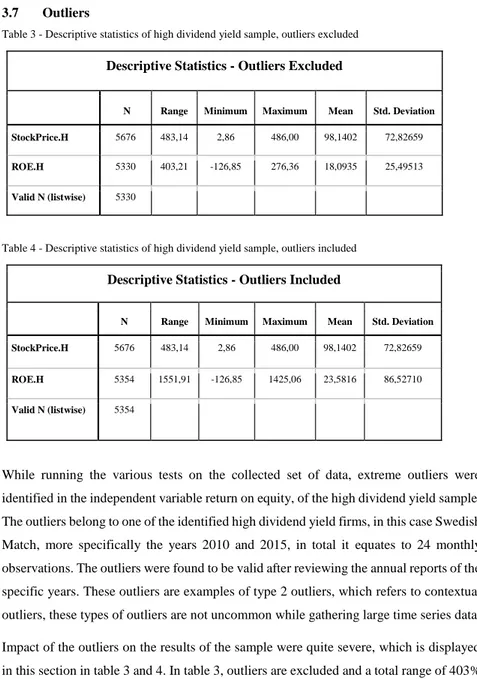 Table 3 - Descriptive statistics of high dividend yield sample, outliers excluded 