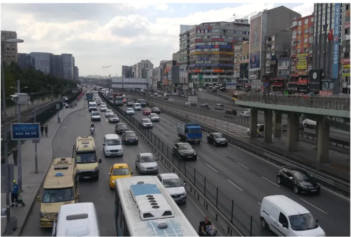 Figure 1: Inner city highway and metrobus line in the district Bakırköy displaying very high building  density, high traffic congestion level and airport activity in background – all indicators for the  urban-capitalistic life reality in Istanbul