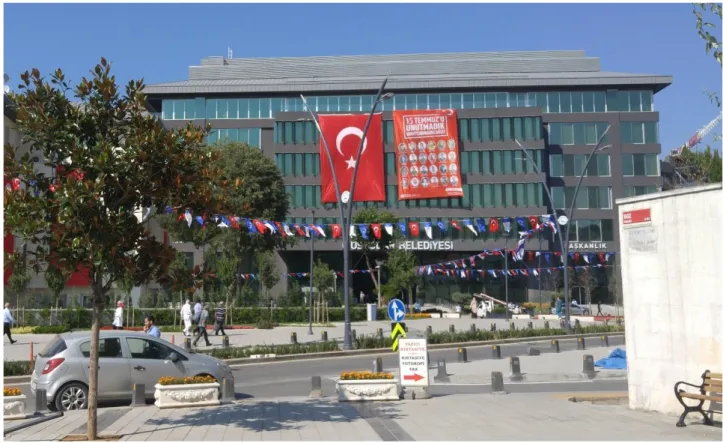 Figure 2: Municipality building in the district  Üsküdar featuring patriotic  festoons and large sized  flags commemorating the successful repression of the 2016 Turkish coup d'état and the state officials  killed in action