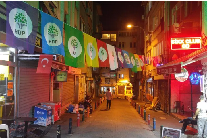 Figure 3: Street in the “young-progressive” district Kadıköy at night displaying campaign banners of  the left wing, anti-government Peoples' Democratic Party (HDP)