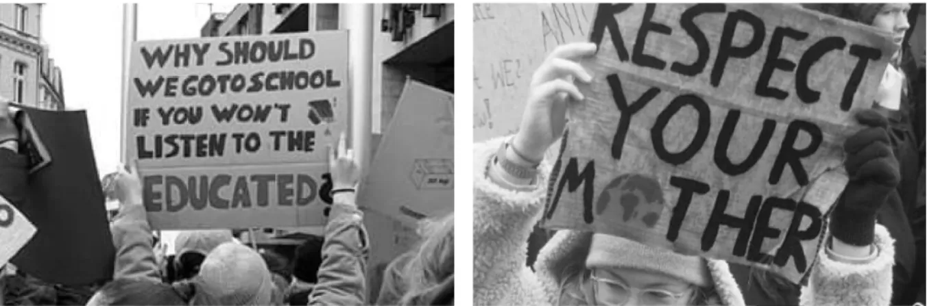 Figure 4: Protest sign making use of the school exemplar featured on the Facebook website of Fridays  for Future Cologne (left)