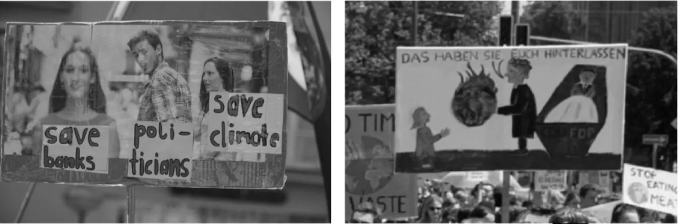 Figure 6: Protest signs depicting cultural references in the form of Internet memes (left)