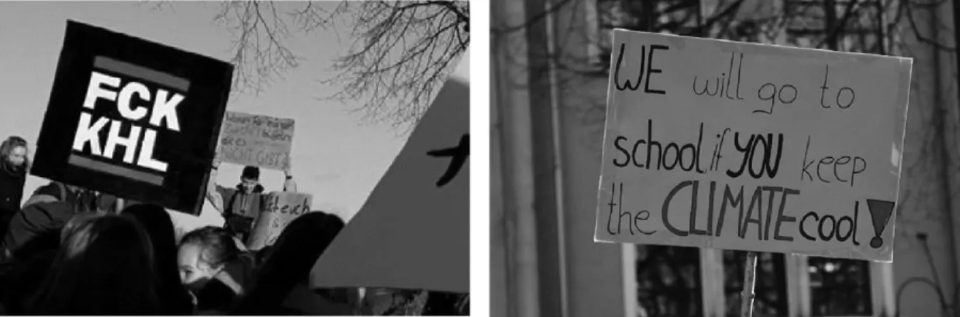 Figure 7: Protest signs depicting a cultural references (left) and a catch phrase including action verb  and “we”-subjectivity vs