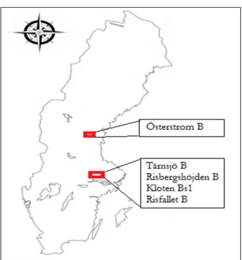 Fig. 2. Map to indicate the location of sampling sites of Tärnsjö B,  Risbergshöjden B,.Kloten Bs1, Risfallet B and Österström B soils