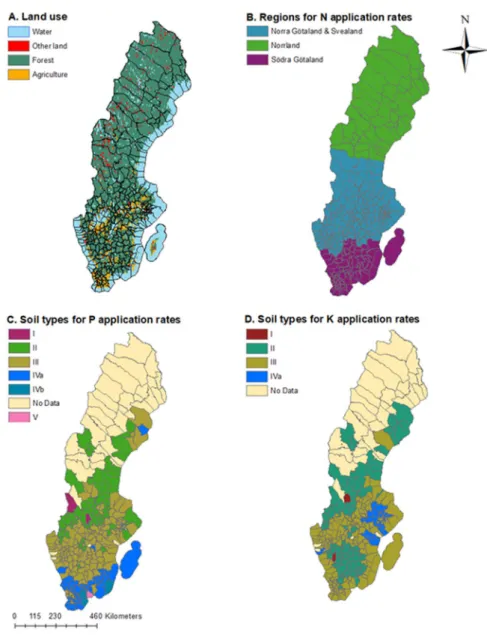 Figure 4. (A) Sweden’s land use 74  and municipality delineations 75 . (B) division of Swedish municipalities into  three production regions for N application rates 76 