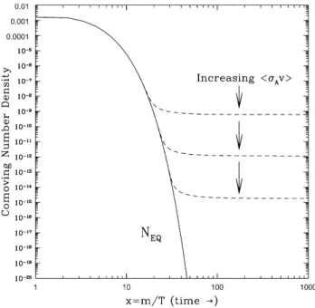 Fig. 7. The co-moving number density Y of a dark matter particle as a function of temperature and time.