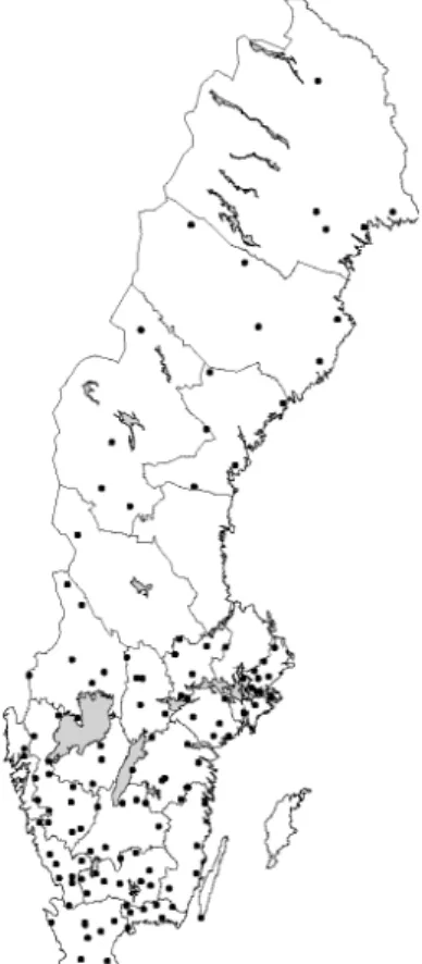 Figur 2. Krondroppsnätet under 2000/01. Samordnade mätningar av luftföroreningar i skogliga observationsytor.
