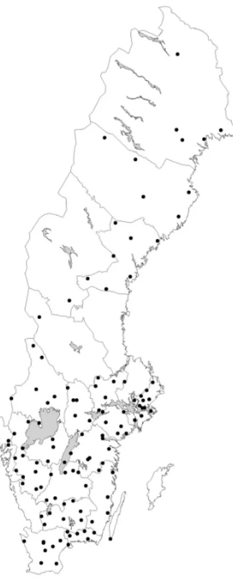 Figur 2. Krondroppsnätet 1998/99. Samordnade mätningar av luftföroreningar i skogliga observationsytor.
