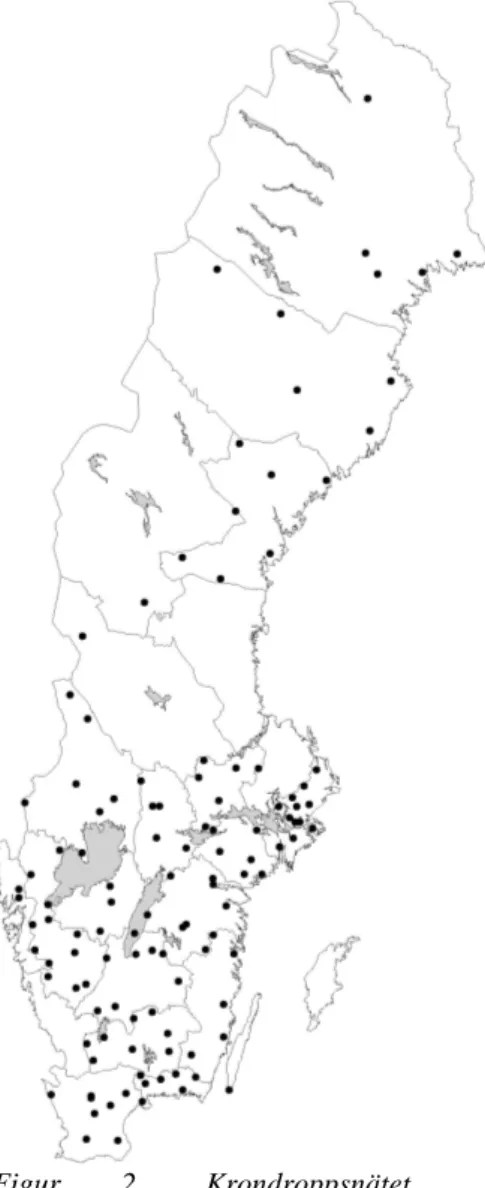 Figur 2. Krondroppsnätet 1998/99. Samordnade mätningar av luftföroreningar i skogliga observationsytor.