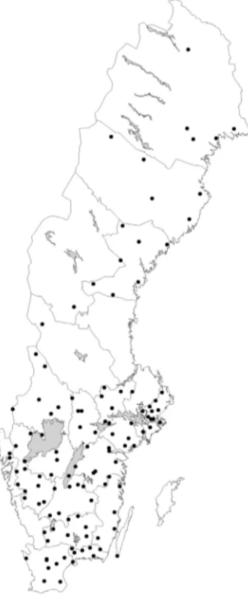 Figur 2. Krondroppsnätet 1998/99. Samordnade mätningar av luftföroreningar i skogliga observationsytor.