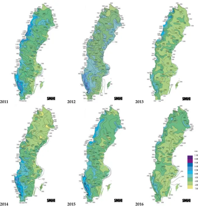 Figur 8. Kartor med årsvisa nederbördsmängder under 2011 – 2016. Kartorna är hämtade från SMHI,  https://www.smhi.se/klimat/arssammanstallningar/vader