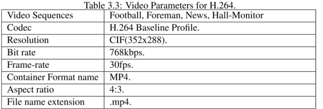 Table 3.3: Video Parameters for H.264.