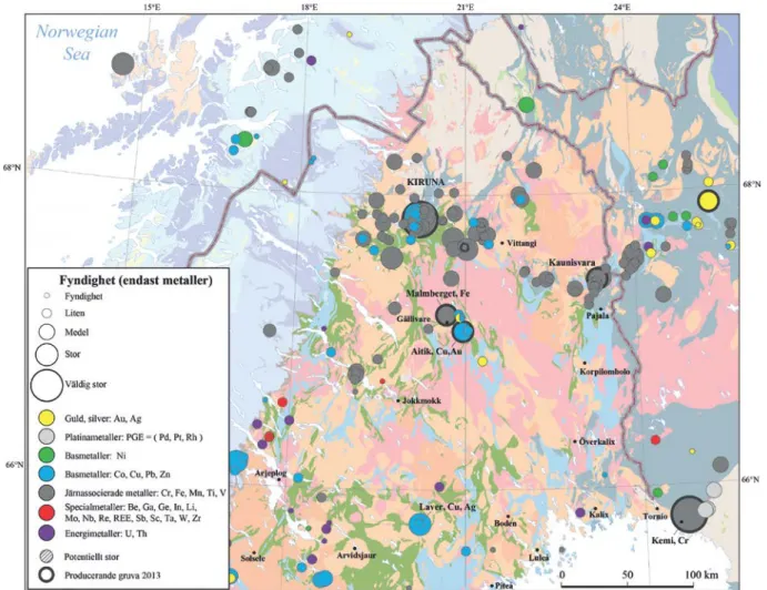 Figur 7. Mineralfyndighetskarta (Finlands Geologiska Undersökning, 2013). Utsnitt över norra Norrbotten,  nordöstra Lappland i Finland samt Narviksområdet i Norge