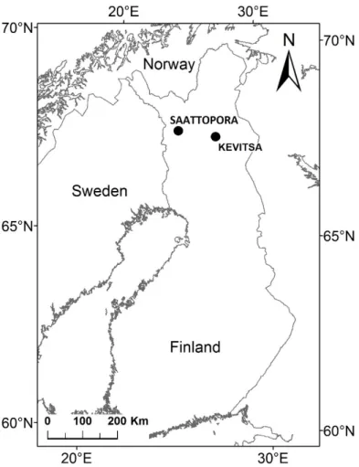 Figure 1.1 Locations of the Saattopora and Kevitsa mine sites. Background map © National Land Survey  of Finland