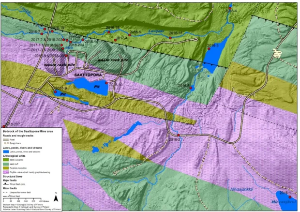 Figure 1.2 Bedrock and the sampling sites at Saattopora closed mine: Background map and LiDAR data 