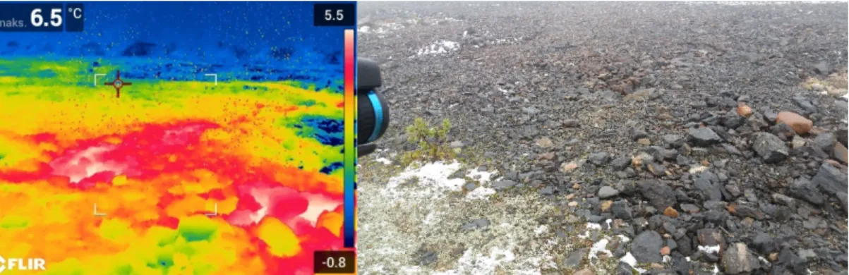 Figure 1.6 Thermal image (IR) from the top of the western waste rock pile (left) and corresponding view  photographed with an ordinary camera (right) (photographs: Radai Oy)