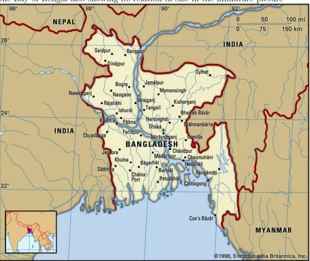 Figure 1: Map of Bangladesh, showing the borders to India, Nepal, Myanmar and the Bay of Bengal also showing its relation in size in the miniature picture