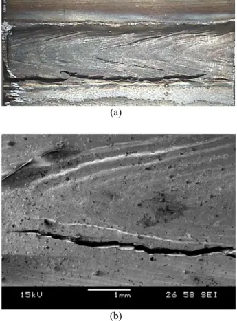 Fig. 13 Typical crack geometry at the top surface; (a)  cracking in the lower toe, partially propagating along 