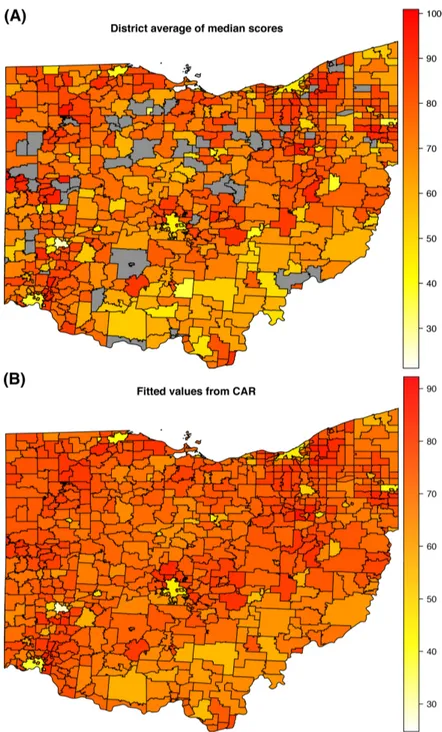 Figure 3: Observed (A) and predicted (B) median 4th grade proficiency scores of the school districts in Ohio