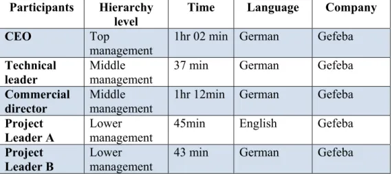 Table	4:	Details	about	the	interviews	conducted.	