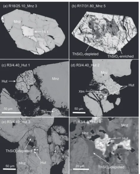 Figure 6. BSE photos showing a monazite grains that have been replaced by hutton- hutton-ite; (a) monazite grain replaced by huttonite (Hut) as linear intergrowth with sharp  compositional boundaries; (b) the depleted or enriched in ThSiO 4 -CaTh(PO 4 ) 2 
