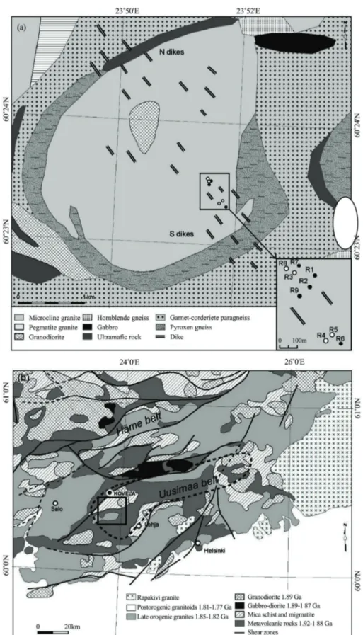 Figure 1. (a) Simplified geological map of Fennoscandian shield based on [8]. (b) Map showing the  major lithological units of the Kovela granitic complex and the location of the drilled boreholes  inter-secting the monazite-bearing dikes as indicated with