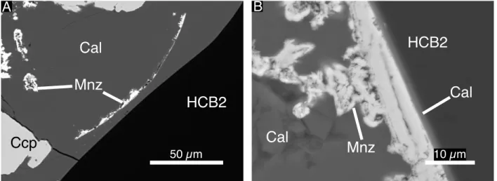 Fig. 2.12 Microtextural relationships between late alteration minerals. A. and B. Calcite infilling  contacts between monazite rims on HCB