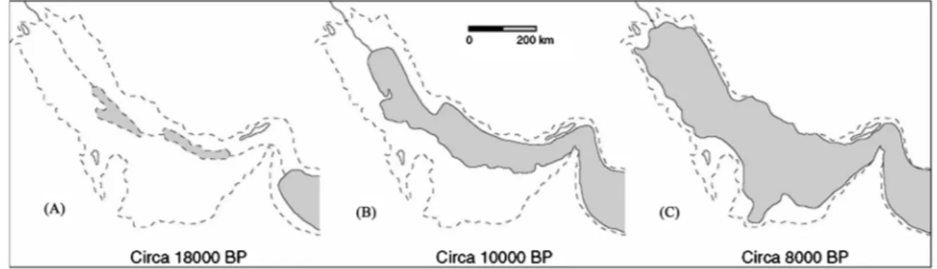Figure 9. Evolution of the Gulf level and of the Lower Mesopotamian shoreline. 