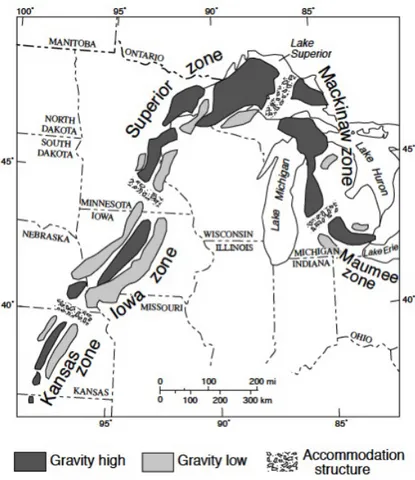 Figure 2:  Schematic map of the gravitational trend of the Midcontinent rift system showing major tectonic zones