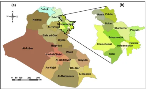 Figure 1. Map of Iraq and the ten districts of Sulaimaniyah Governorate, source: [54]