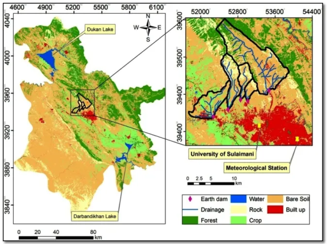 Figure 3. Land use/land cover map of Sulaimaniyah Governorate (on left), with enlarge view of study area, source: [54]