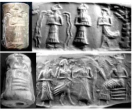 Fig 4: Seals with the representation of the water god Enki – Ea. Upper image: Old  Babylonian seal (ca