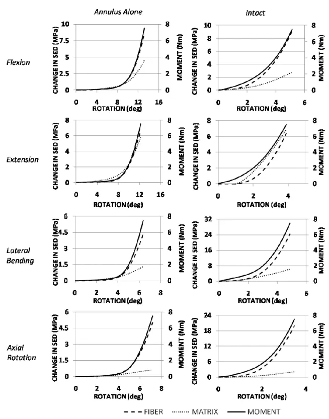 Figure  2.6:  Total  SED  predictions  for  the  annulus  ground  substance  and  fibers,  and  applied  moment with respect to global rotation for the model with annulus alone (left) and in the intact  condition (right)