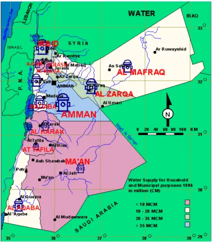 Figure 1. Map of Jordan highlighting the water resources available in each  region. 