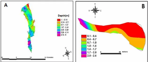 Figure 5: Bathymetric map A: Burqu reservoir    B: Deir Al-Kahf reservoir. 