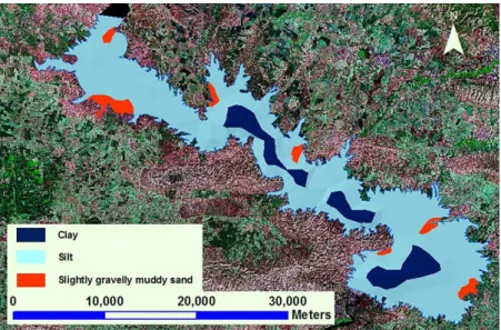 Figure 3.   Map of the Mosul Reservoir showing the deposition pattern of various sediment  size fractions